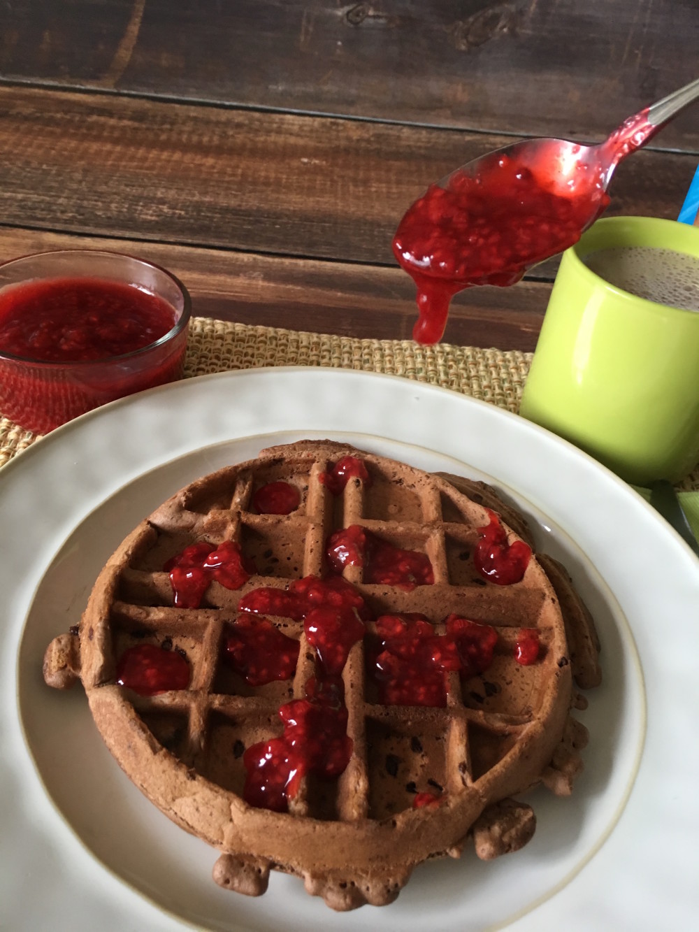 Triple Chocolate Waffles with Raspberry Sauce #TryTruMooHot