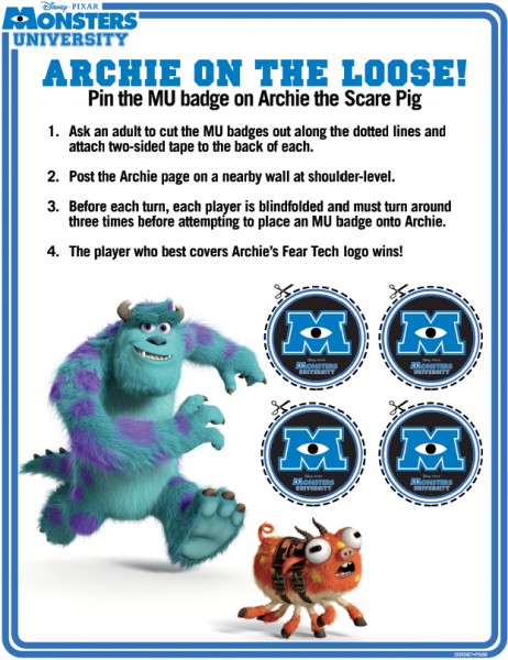 Monsters University activity sheets free printables