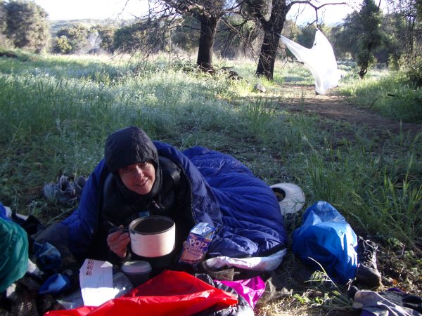 Gail Storey, breakfast on Pacific Crest Trail