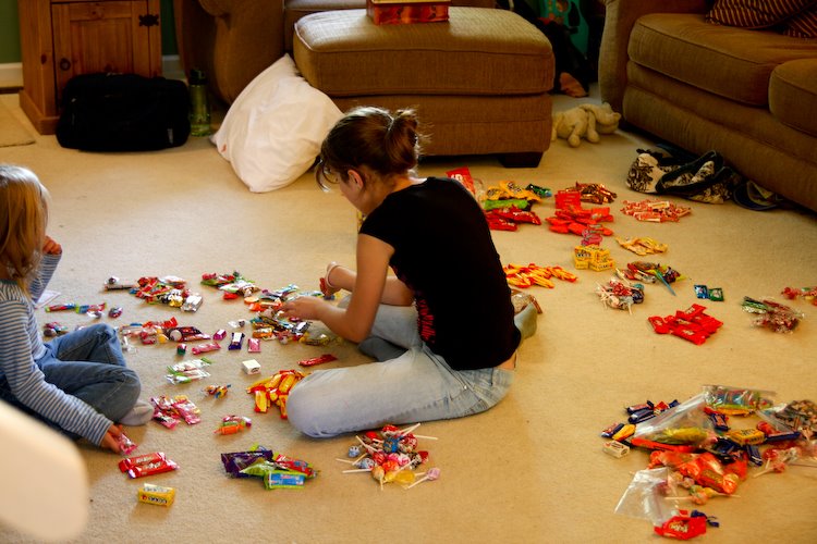 sorting Halloween candy