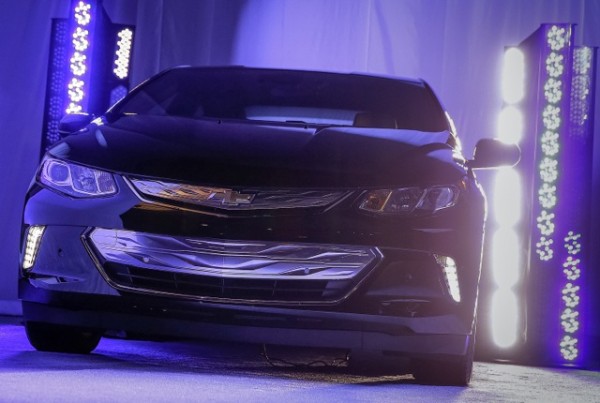 The front end of the 2016 Chevrolet Volt on display as a sneak peek Sunday, January 4, 2015 at the Consumer Electronics Show in Las Vegas, Nevada. The next-generation extended range electric vehicle will be fully unveiled on January 12 at the North American International Auto Show in Detroit. (Photo by Isaac Brekken for Chevrolet)