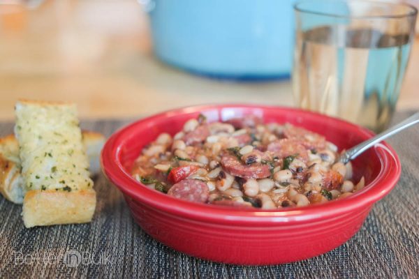 Smoked Sausage with spinach orzo and white beans