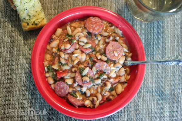 Smoked Sausage with spinach orzo and white beans