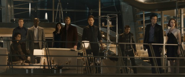 Marvel's Avengers: Age Of Ultron (L to R) Maria Hill (Cobie Smulders), Steve Rogers/Captain America (Chris Evans), James "Rhodey" Rhodes/War Machine (Don Cheadle), Dr. Cho (Claudia Kim), Thor (Chris Hemsworth), Tony Stark/Iron Man (Robert Downey Jr.), Clint Barton/Hawkeye (Jeremy Renner), Bruce Banner/Hulk (Mark Ruffalo), and Natasha Romanoff/Black Widow (Scarlett Johansson)| photo credit: Marvel 