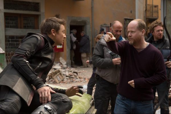 Joss Whedon and Jeremy Renner on the set of Avengers: Age of Ultron {Photo credit: Marvel}