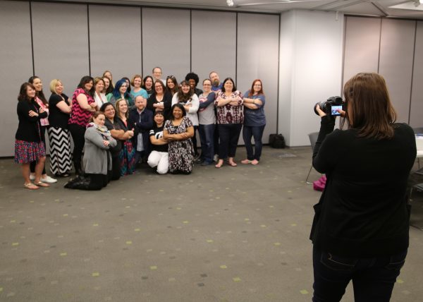 Joss Whedon and bloggers and the Avengers: Age of Ultron Press Day {Photo credit: Disney}