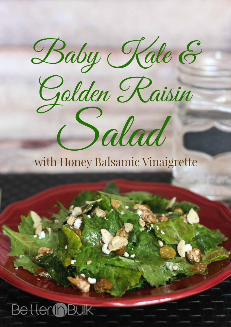 Baby kale and golden raisin salad with honey balsamic vinaigrette