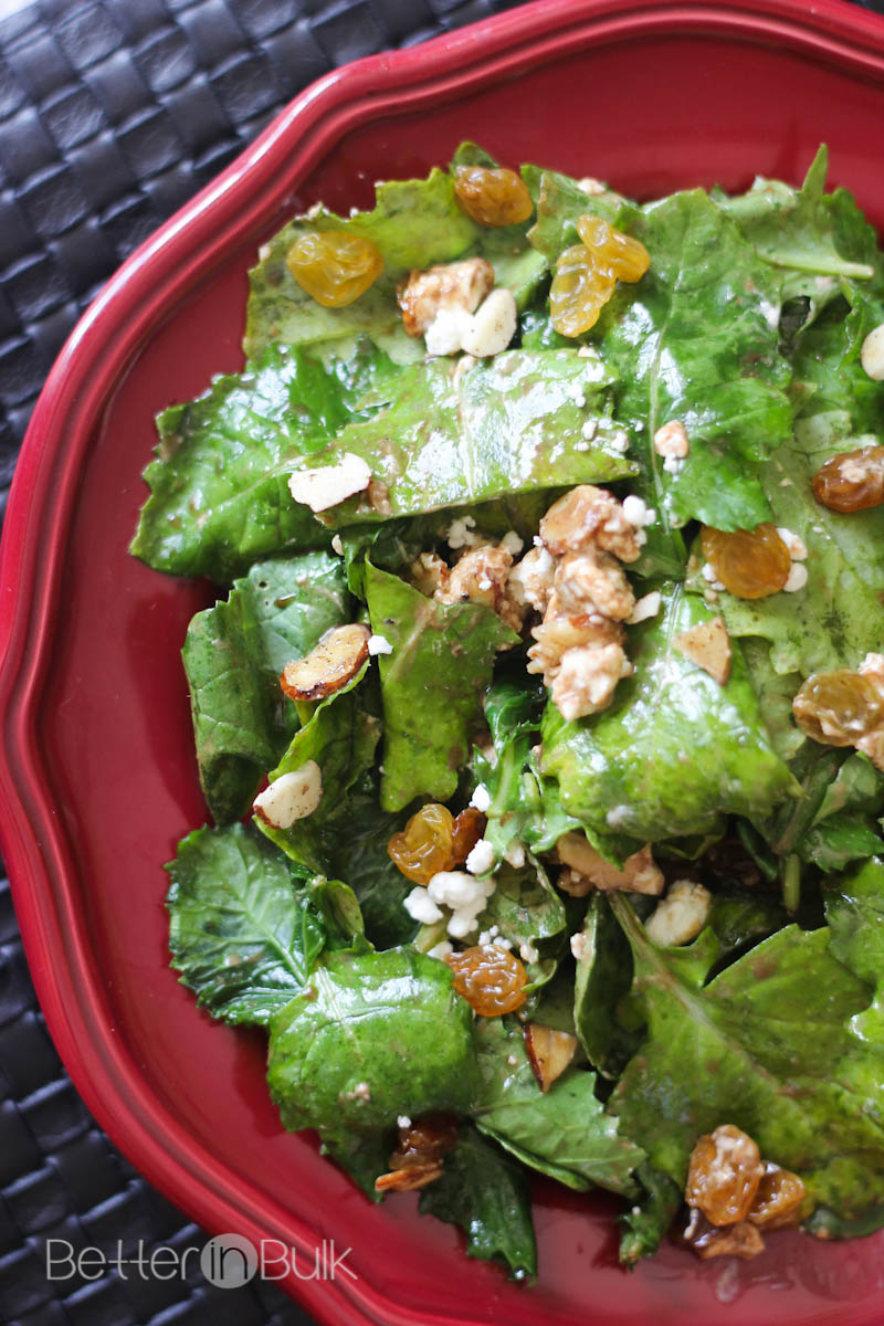 Baby kale and golden raisin salad with honey balsamic vinaigrette