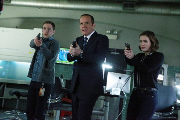 {MARVEL'S AGENTS OF S.H.I.E.L.D. - "S.O.S.," Part One and Part Two"} S.H.I.E.L.D. puts everything on the line to survive a war that blurs the line between friend and foe. Coulson and his team will be forced to make shocking sacrifices that will leave their relationships and their world changed forever, on the two-hour season finale of "Marvel's Agents of S.H.I.E.L.D," TUESDAY, MAY 12 (9:00-11:00 p.m., ET) on ABC. (Photo by ABC/Mitchell Haaseth) IAIN DE CAESTECKER, CLARK GREGG, ELIZABETH HENSTRIDGE