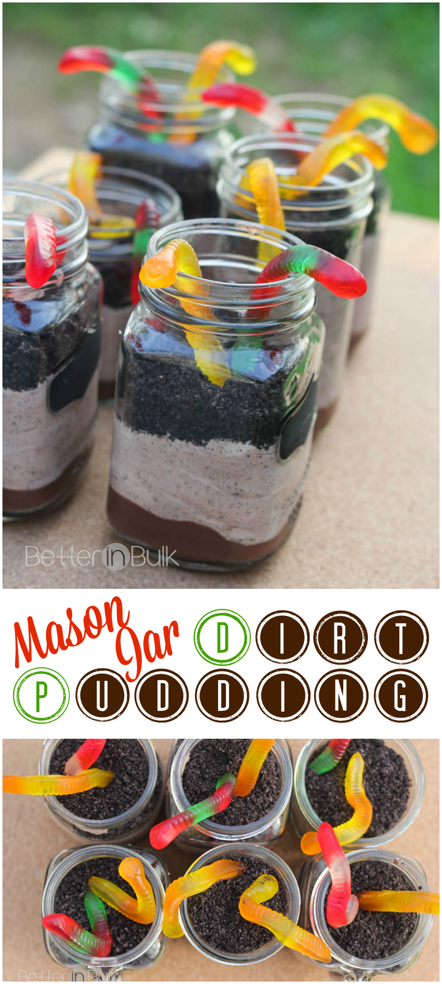 Mason Jar Dirt Pudding with Oreo "Dirt" and Gummy Worms