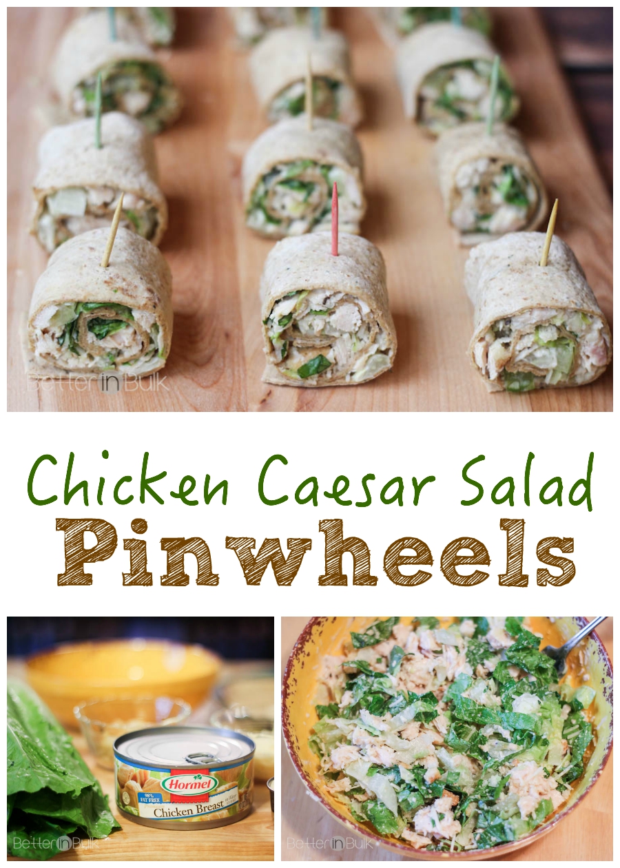 These may just be the perfect way to eat salad...on a toothpick! Easy Chicken Caesar Salad Pinwheels recipe - a family-friendly quick meal or party appetizer