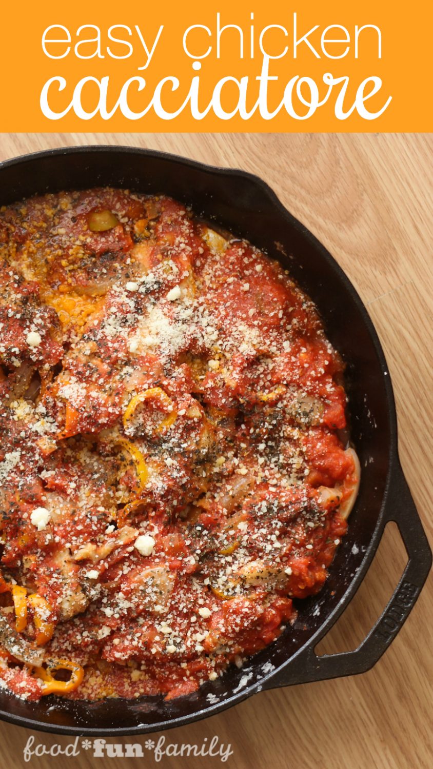 Easy chicken cacciatore recipe from Food Fun Family. One pot, a few simple ingredients. Family-friendly dinner!