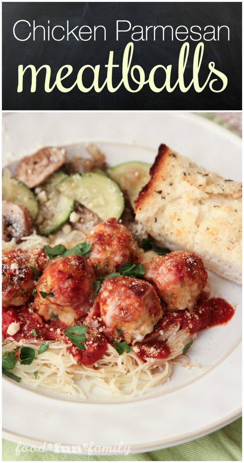 Chicken parmesan meatballs - a fun twist on traditional spaghetti and meatballs and chicken parmesan. Your whole family will love it!