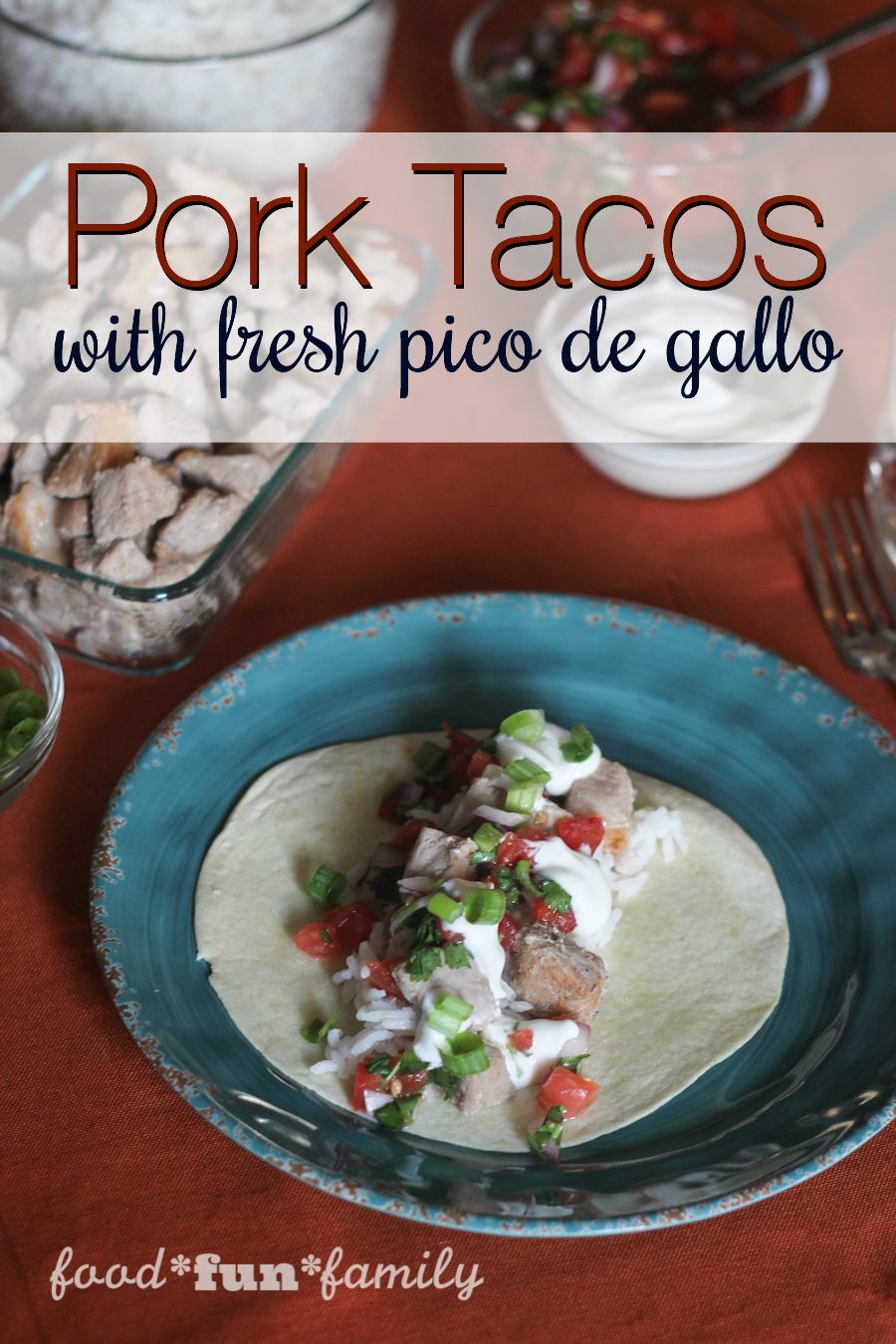 Marinated pork tacos with fresh pico de gallo - an easy family meal that is ready in less than 30 minutes