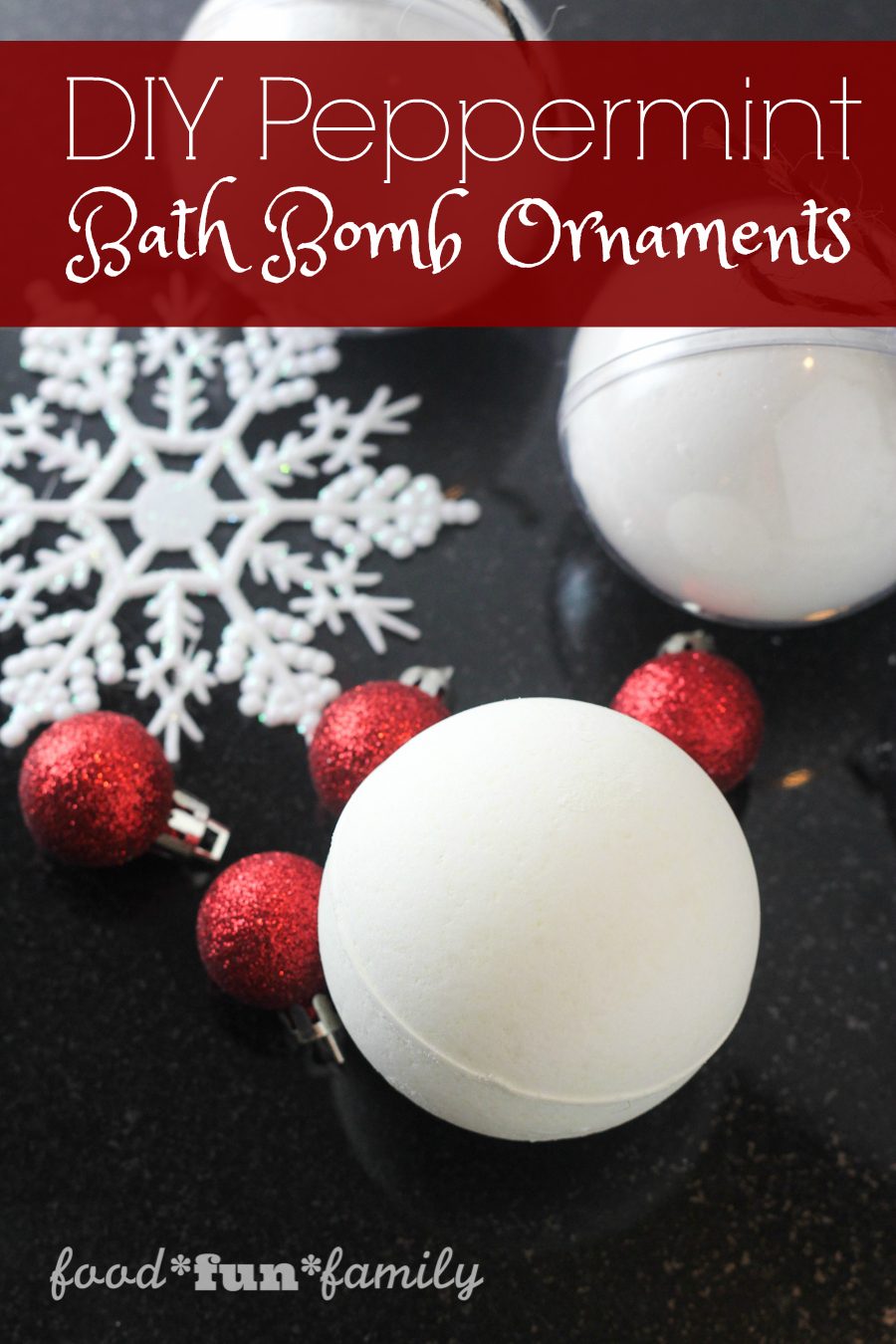 DIY Peppermint Bath Bomb Ornaments from Food Fun Family - a fun homemade bath and beauty product that is perfect for Christmas gifts