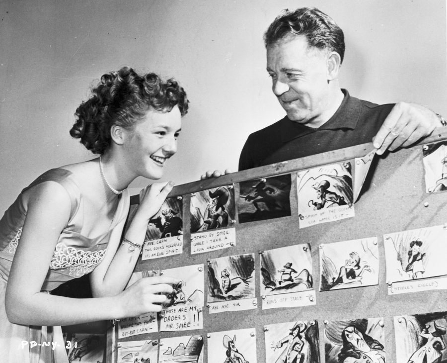 Kathryn Beaumont with Ham Luske with storyboards for Peter Pan